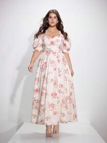 SHEIN MOD 大码女式泡泡袖优雅花卉印花连衣裙