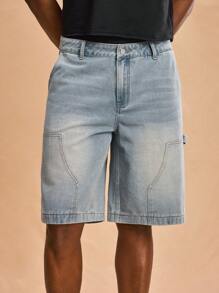 Forever 21 男士时尚百搭带口袋牛仔短裤，外出纯色宽松浅蓝色牛仔短裤，适合丈夫、男朋友的礼物 - 淺色水洗藍 - 查看 5