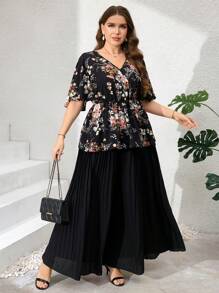 Ellevyn Calça Pantalona Plissada de Cor Sólida Elegante Plus Size, Calça Solta, Culottes, Calça FeminiPlus Sizeande Feminino, Calça Preta - Preto - Visão 7