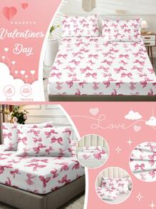 3pcs Watercolor Pink Bow Girly Cute Digital Print Bed Sheet Set (1pc Bed Sheet + 2pcs Pillowcases, No Filler), Soft Daily Polyester Fiber Skin-Friendly For Indoor Bedroom Master Bedroom Guest Room Dormitory, All Season