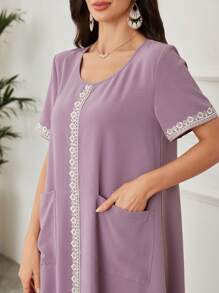 Lacomfia Color Blocking Rib Trim Round Neck Long Sleeve Loose Arabian Dress For Women - Pink - View 5