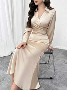 Modelyn Elegantes Satin-Kleid mit langen Ärmeln und figurbetonter Taille, Frühling 2025 Neue Kollektion Arabischer Stil Langes Kleid