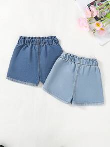 2pcs/Set Baby Girls' Casual Cute Style Blue Denim Washed Shorts - Blue - View 2