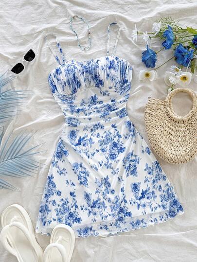 Soleia Vestido corto de línea A con tirantes finos, cintura fruncida y estampado azul y blanco, para vacaciones, fiesta, cita, atuendo de verano, playa y resort