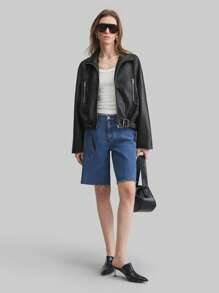 Ontre Chaqueta de primavera/verano para mujer 2025 con cremallera de metal corta y ajuste, cinturón con hebilla de metal ajustable, de uso casual diario, minimalista y urbana