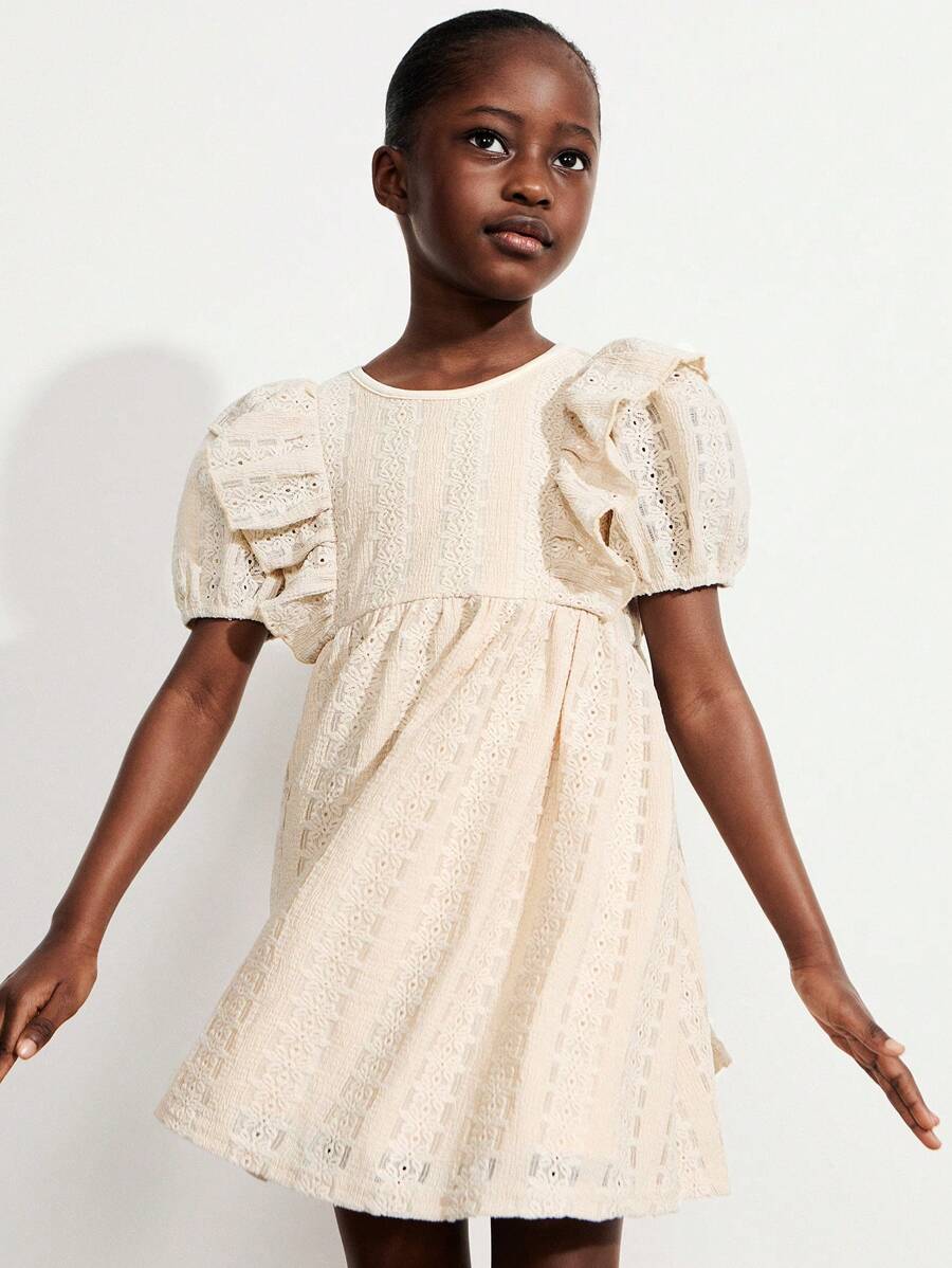 SHEIN Young Girls Sweet Country Style Apricot Puff Sleeve Ruffle Collar Embroidered Dresses - Apricot - View 1