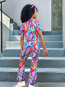 SHEIN Explorewe Girl Casual All-Match Versatile Street Colorful Sports Fitted Asymmetric Hem T-Shirt + Flare Pants Set