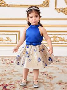SHEIN Babygirl 花卉印花优雅吊带上衣和迷你裙套装，夏季 - 藍色 - 查看 3