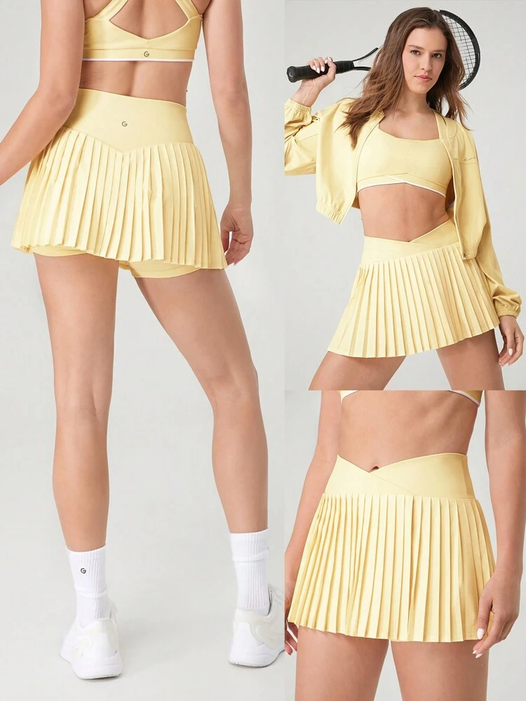 Let's Play Sweat-Wicking Stretchy Mid-Rise Crossover Waist Pleated Tennis Skirt With Built-In Shorts Side Pockets Tennis Golf Daily