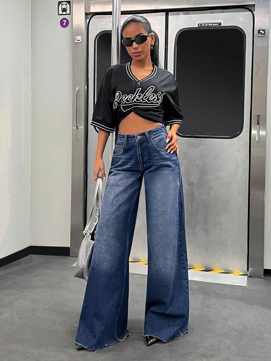 EURMUSE HIGH WAIST WIDELEG Y2K STYLE LOOSE JEAN - Dark Wash - View 1