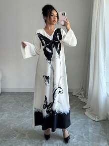 Yasmyna Vestido de manga larga holgado con estampado tejido, estilo árabe, modesto, para mujer - Negro - Ver 1