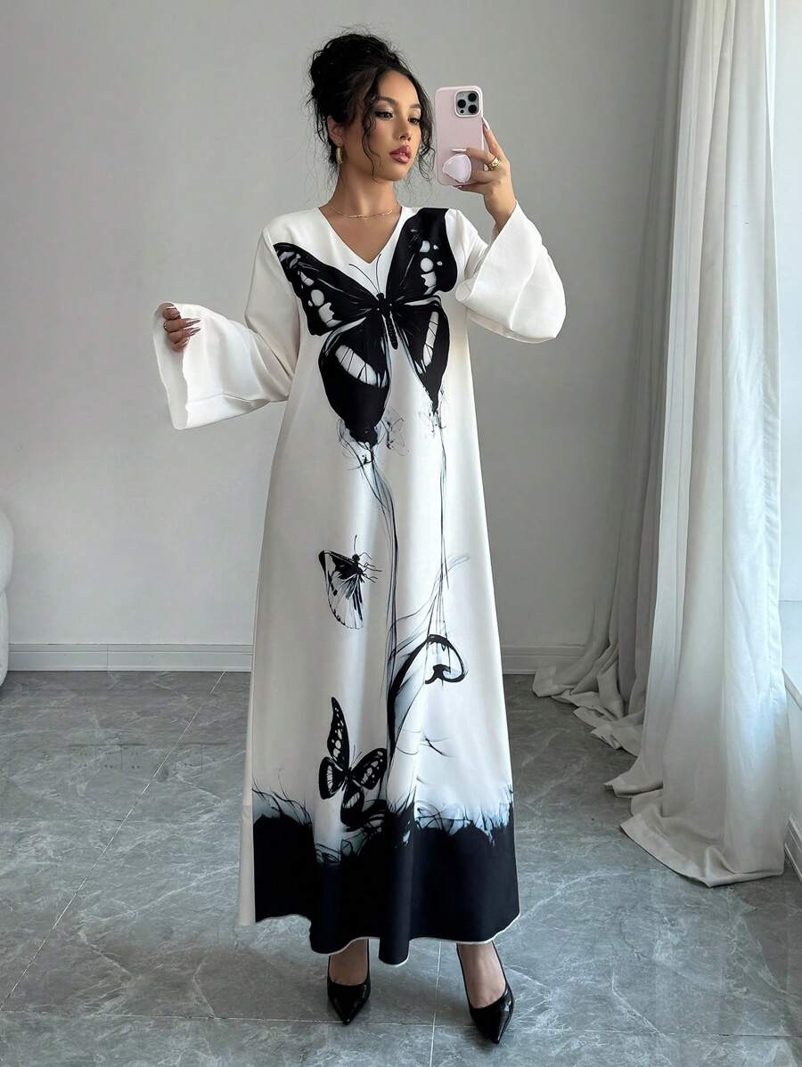 Yasmyna Vestido de manga larga holgado con estampado tejido, estilo árabe, modesto, para mujer - Negro - Ver 1