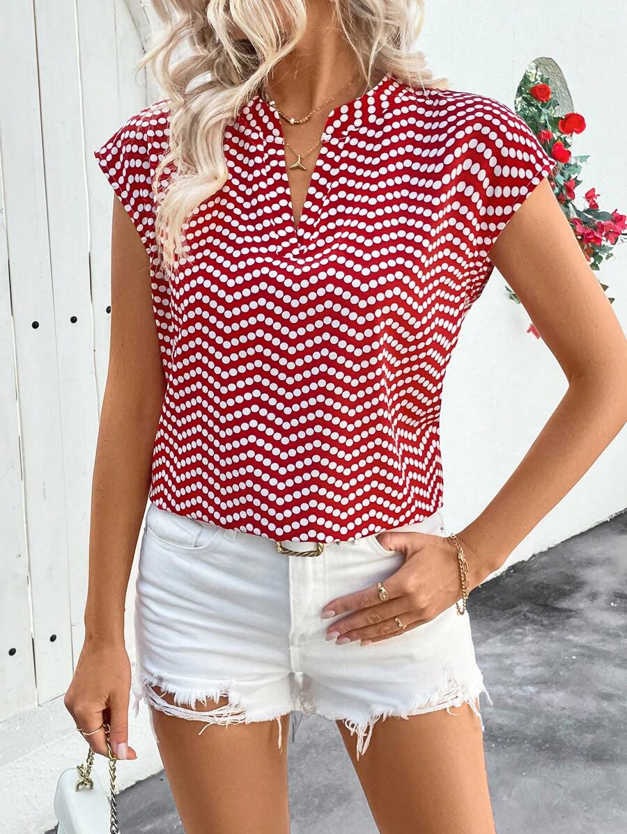 SHEIN Clasi Women's Red & White Polka Dot Print V-Neck Blouse, Versatile For Spring/Summer - Red - View 1