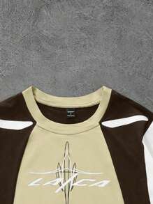 Manfinity Streetrush Camiseta de manga corta casual para hombre con bloque de color contrastante y estampado de letras, de cuello redondo y holgada, de parches, para uso diario y casual, regalo para vacaciones, para todas las estaciones y para ir y venir del trabajo