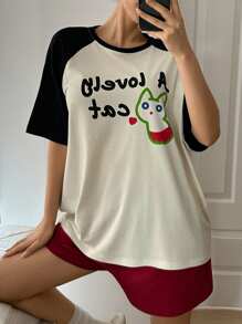 DAZY 2pcs Set Women's Cartoon Print Contrast Color Raglan Sleeve Loose Shorts Pajama Sleepwear Set - White - View 6