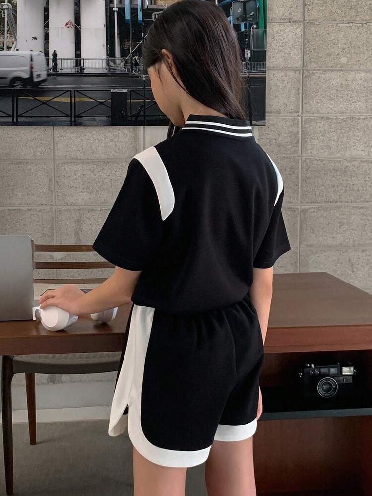 Tween Girls 2 Pieces Set: Contrast Color Splice Short Sleeve Top And Shorts