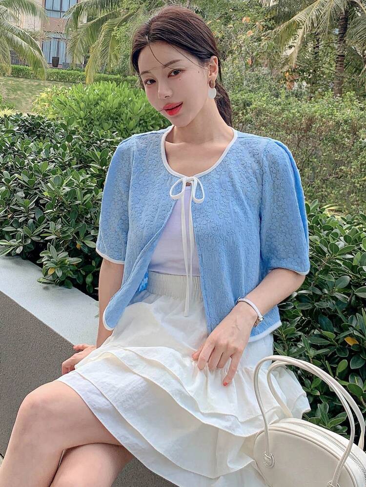 Women Summer New Tie Front Cropped Ruffle Sleeve Button Down Shirt, Lightweight Sun Protection Cover Up