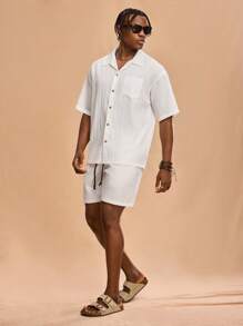 Forever 21 Men's Casual Beach Waves Wide-Collar Short Sleeve Shirt And Shorts Two-Piece Set - White - View 7