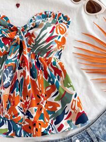 Soleia Top sin tirantes con estampado retro de rosas, cuello con volantes, cintura con twist y bajo en línea A, diseño estilizador para vacaciones, fiesta, cita, Día de San Valentín