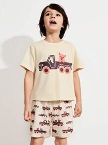 SHEIN 男童卡车动物图案圆领 T 恤和宽松全印花裤两件套，米色 - 米色 - 查看 3