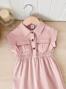 SHEIN Baby Mädchen rosa Kurzarm Jumpsuit mit geraffter Taille und Kragen, Sommer