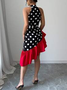 Elenzga Women Sleeveless Asymmetrical Hem Elegant Sexy Dress - Red and Black - View 2