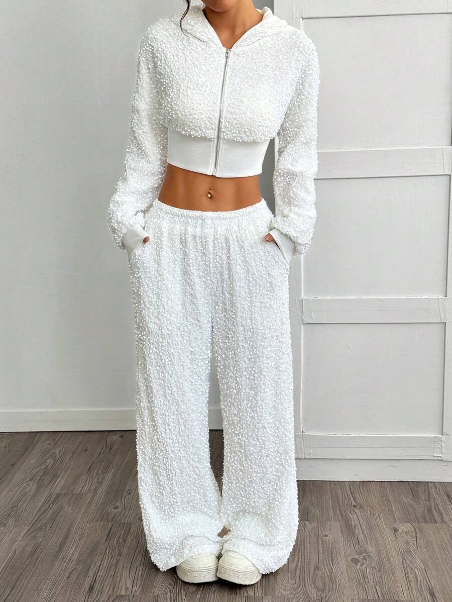 SHEIN EZwear Bộ 2 áo nỉ và quần lấp lánh, trang phục thường ngày đơn giản thời trang - trắng - Xem 1