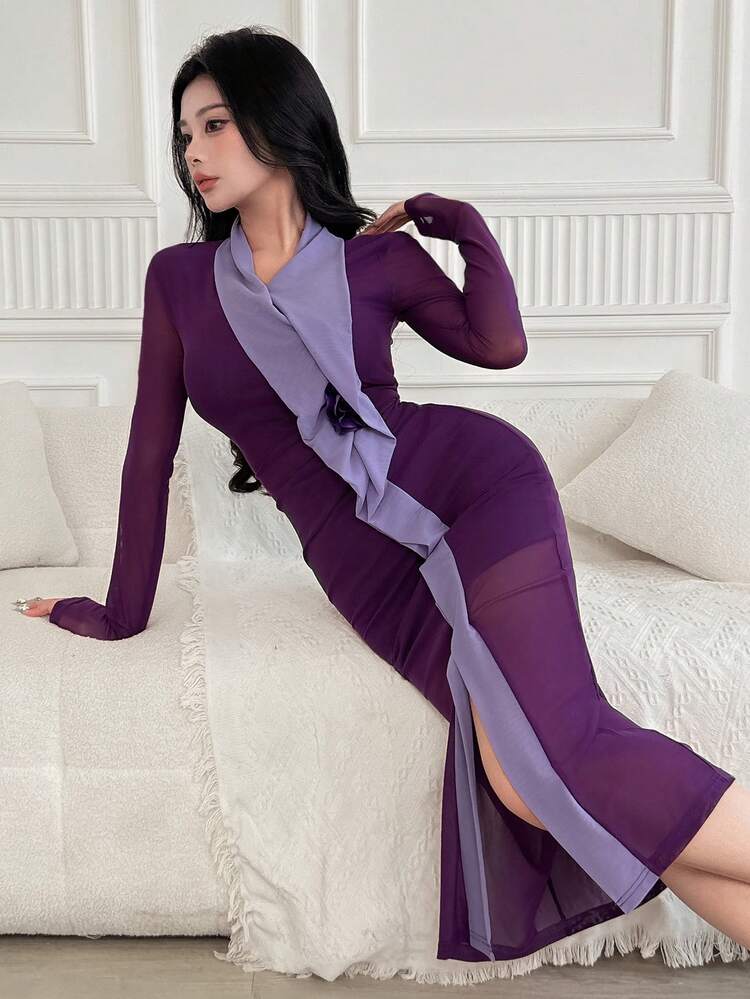 Spring New Rose 3D Floral Waist Sundress, Color Block Waist Fit Women Dress, Fall Dress Long Sleeve Dress