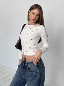 SHEIN EZwear Women's Heart Pattern Long Sleeve Single-Breasted Casual Sweater