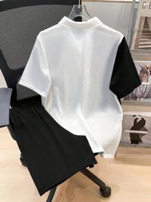 SHEIN 2pcs Teen Boys Loose Contrast Graphic Print Polo Collar Short Sleeve Knit Shirt Set, Casual