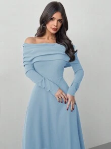Firerie Gaun Panjang Wanita Elegan Warna Polos Tanpa Bahu, Gaun Pastel untuk Wanita - Baby Blue - View 5