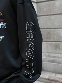 PAVTROS Sudadera casual de cuello redondo con estampado de letras para hombre - Negro - Ver 3