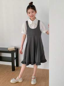 DAZY Set da 2 pezzi per ragazze adolescenti: camicia a maniche a sbuffo e vestito casual con pettorina plissettata, outfit estivi per ragazze, abbigliamento per il ritorno a scuola - Grigio - Visualizzare 3