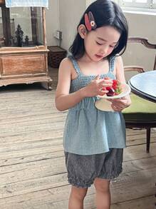 DAZY 2 件年轻女孩休闲时尚简约纯色吊带背心上衣和短裤套装，女孩夏季服装 - 藍色 - 查看 5