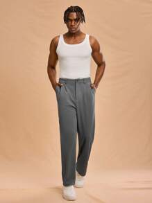 Forever 21 Men Casual Plain Color Pleated Straight Leg Pants