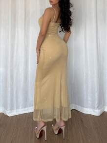 Gloray Elegant Spaghetti Strap Gold Metallic Fitted Mesh Fish Tail Dress, Women Spring/Summer