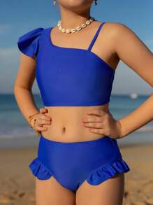 Tween Girl 三件套泳衣套装 - 随机印花霓虹蓝色纯色比基尼 + 热带印花罩衫 - 藍色 - 查看 5