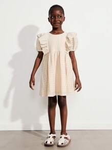 SHEIN Young Girls Sweet Country Style Apricot Puff Sleeve Ruffle Collar Embroidered Dresses - Apricot - View 3