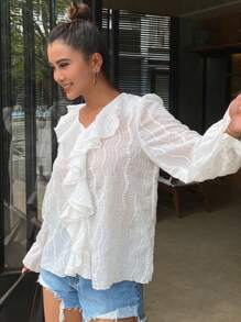 DAZY 春夏新款甜美荷叶边宽松休闲女式衬衫，沙滩度假风，秋季长袖服装 - 白色 - 查看 3