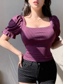 DAZY Camiseta de manga abullonada elegante para mujer, nueva llegada de primavera, con volantes, crop tops para mujer