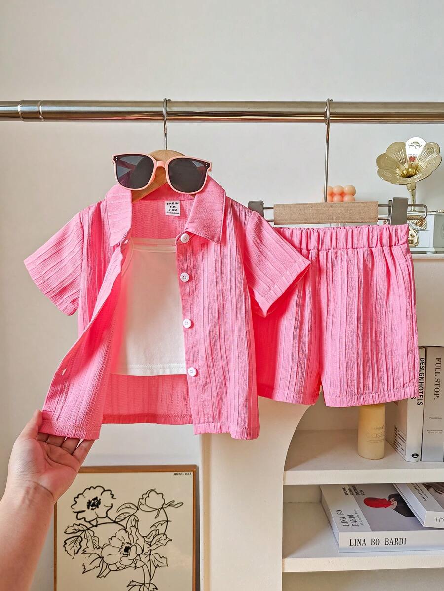 3pcs/Set Baby/Toddler Girl Casual Versatile Pink Short Sleeve Blouse Top, Loose Wide Leg Shorts And White Camisole, Comfortable Woven Fabric, Spring/Summer New Outfit, Suitable For Everyday Wear And Vacation - Pink - View 1