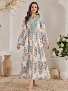 Al Najma Indonesian Arabic Long Robe Dress For Women, Dubai Style Loose Retro Printed Robe, Turkish Caftan, Modest Kaftan - Apricot - View 5