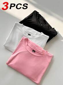 SHEIN EZwear 3pcs/Set Assorted Color Round Neck Short Sleeve Plus Size T-Shirts,Oversized Tops,Spring Summer Clothes - Multicolor - View 3