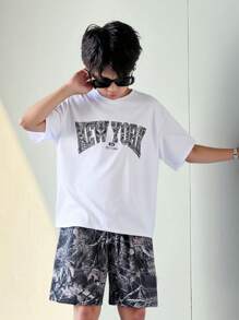 2pcs Kids Tween Boy Casual Academy Style Loose Letter Graphic Round Neck Tee And Shorts Set, Comfortable, Versatile, Suitable For Commute, School, Casual, Vacation, Sports, Spring/Summer/Fall/Winter