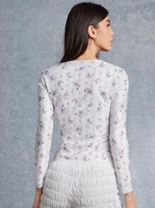 WESTFADE 夏季花卉印花镂空边饰圆领长袖修身 T 恤 - 白色 - 查看 3