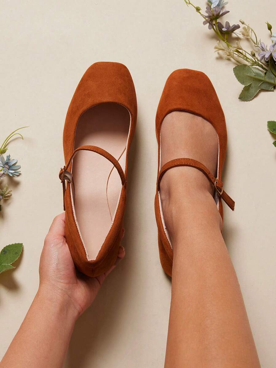 SHUZIA Giày bệt Mary Jane mũi vuông bằng vải sợi nhỏ thanh lịch dành cho nữ - Lạc đà - Xem 1