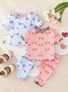 Baby Girls 4 Pieces Set Cute Koala, Fox, Rainbow Print Ruffled Collar Short Sleeve Top And Pants Casual Comfortable Pajamas