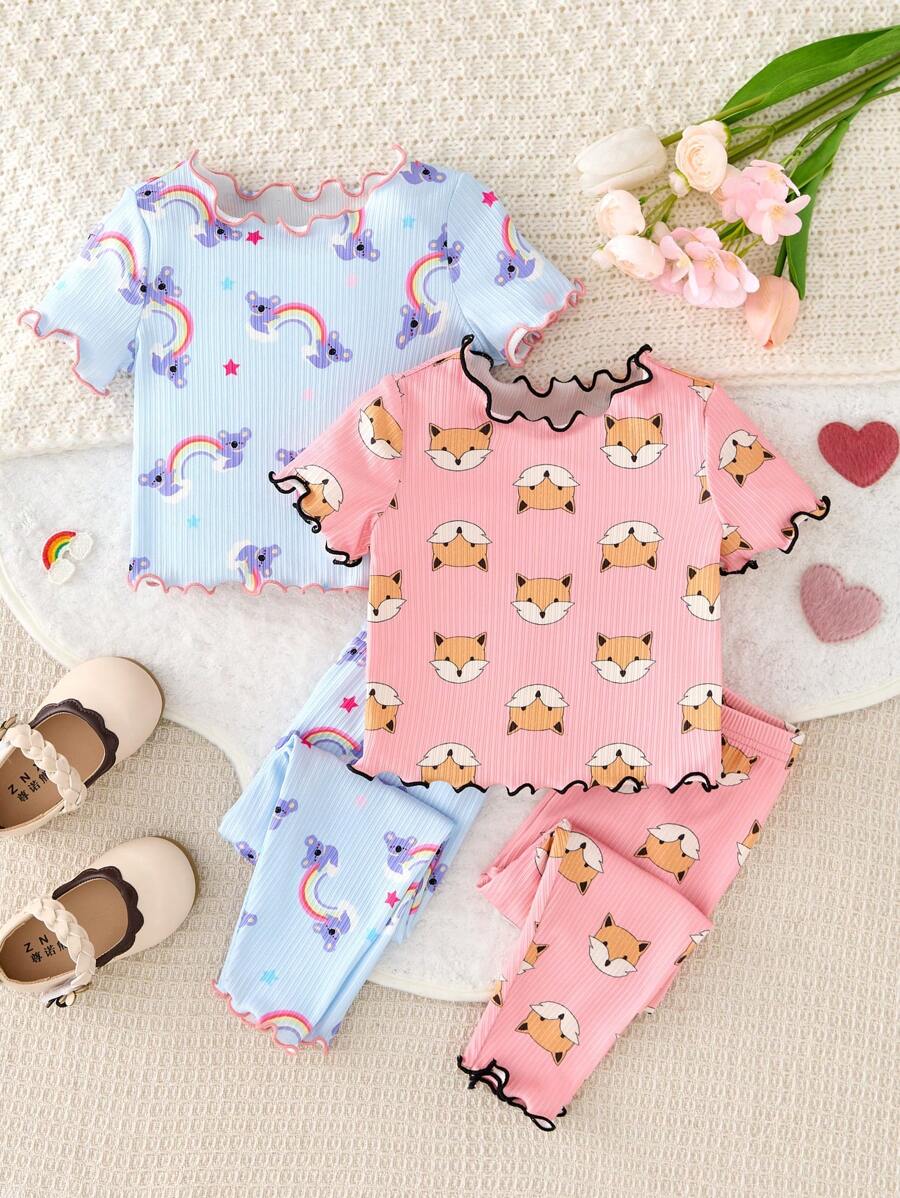 Baby Girls 4 Pieces Set Cute Koala, Fox, Rainbow Print Ruffled Collar Short Sleeve Top And Pants Casual Comfortable Pajamas