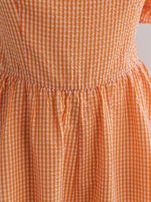 Dreamara Women Plus Size Orange & White Plaid Ruffle Puff Sleeve Casual Holiday Square Neck Jumpsuit, Summer - Orange - View 4