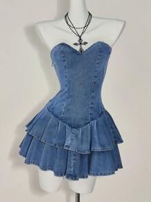 SHEIN ICON Women's Ruffle Hem Strapless Denim Dress, Y2k Clothes Women - Medium Wash - View 5